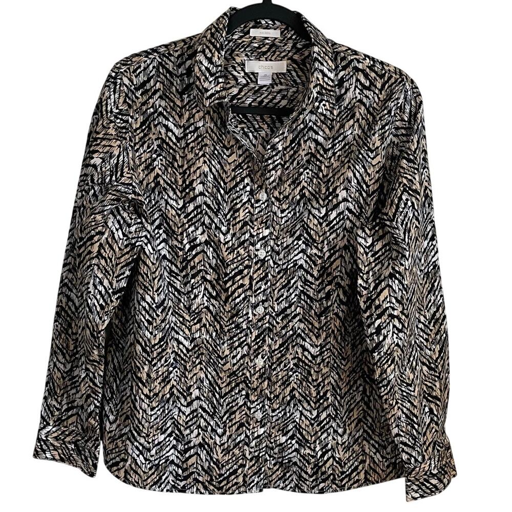 Chico’s No Iron Cotton Button Up Top Sz L Long Sleeves Tiger Print Travel